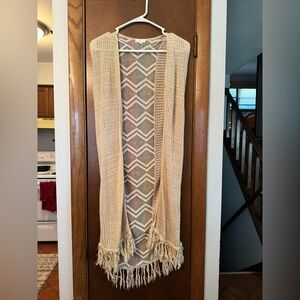 Cream Fringe Cardigan with Geometric Pattern